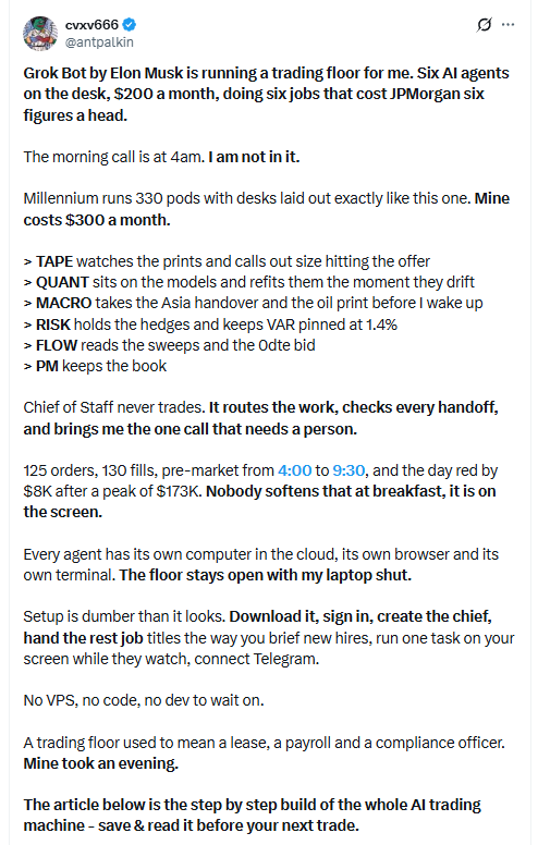Post from @antpalkin describing the six-agent Grok trading floor