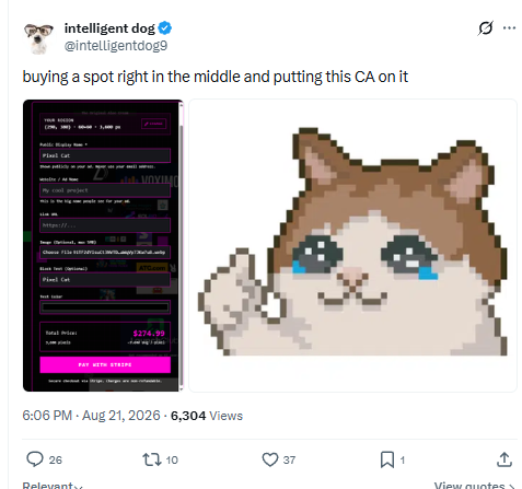 Post from @intelligentdog9 buying a central block on the pixel grid for Pixel Cat