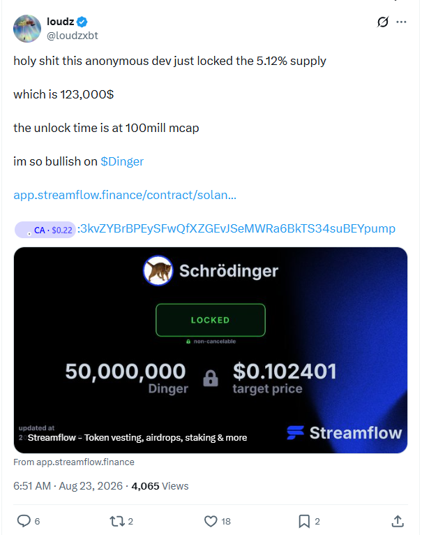 Post by @loudzxbt showing the locked supply on Streamflow
