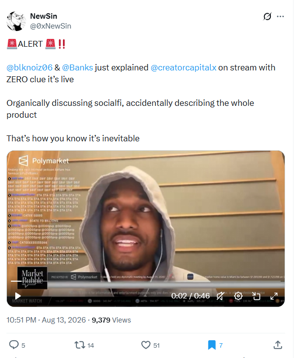 @0xNewSin post describing traders explaining Creator Capital on stream