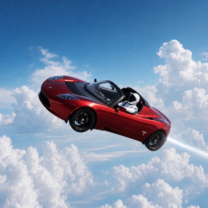 Flying Tesla Roadster meme coin artwork