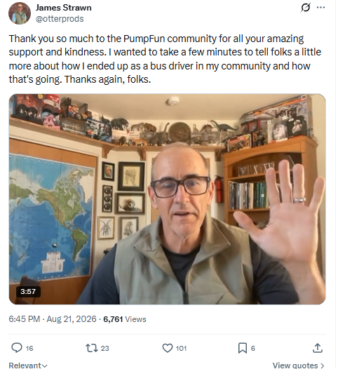 Video post from James Strawn thanking the Pump.fun community