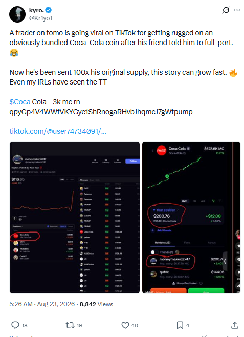 Post by @Kr1yo1 describing the viral TikTok clip and the Coca-Cola token