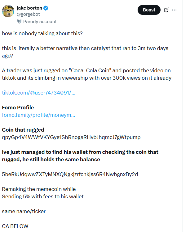 Post by @gorgebot proposing the first remake of the Coca-Cola meme token