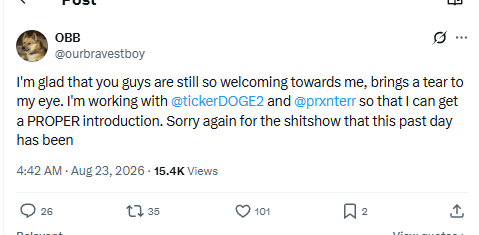 Post from @ourbravestboy addressing the Doge2 community