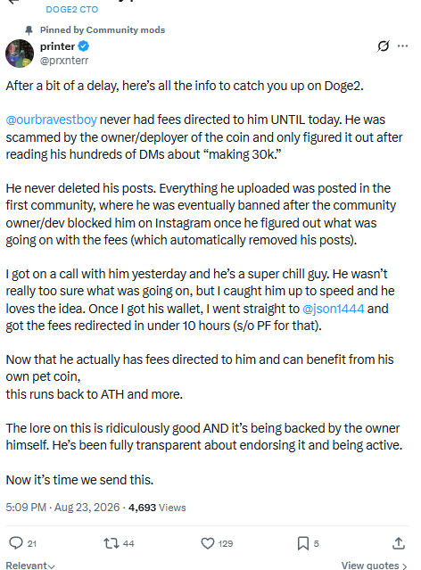 Pinned summary from @prxnterr explaining the Doge2 fee redirection