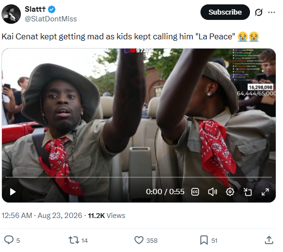 Post by @SlatDontMiss showing Kai Cenat reacting to being called "La Peace"